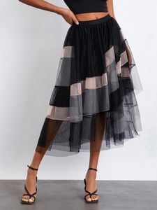 Kjolar kvinnor s tulle tutu lång kjol multi-lagers rufsled elastisk slits mesh cocktail fest för strand streetwear