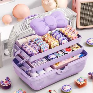 Bins Kawaii Cosmetics Storage Box Organizer Princess Makeup Boxar med handtag Girls Threelayer Stationery Cases Bedroom Decorative