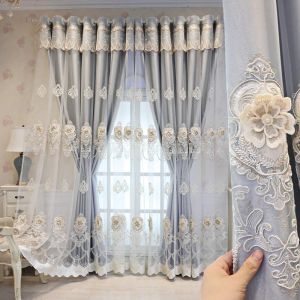 Cortinas de luxo europeu para sala estar quarto dupla camada bordado tule janela telas decoração da janela personalizado novo tecido