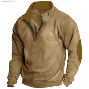 Herrtröjor tröjor män fleece pullover mode casual lång ärm halv blixtlås varma ärm lapp tröja topp utomhus mångsidiga hoodies kläder l240315