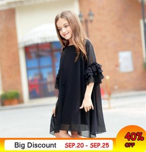 Big Girls Dress Age 10 12 years Summer Chiffon Dress Flare Sleeve Black Dress For Little Girl Size 6 7 8 9 Teenage Girls Clothes Y7289241