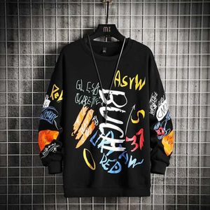 Herrtröjor tröjor herr crewneck tröja män 2023 graffiti överdimensionerade japanska streetwear hip hop svart hoodie män tröjor hoodies l240315