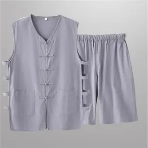Men's Tracksuits Korean Style Summer Loose Breathable Top 2024 Thin Tang Suit Vest Shorts Buckle Retro Mandarin Jacket Urban