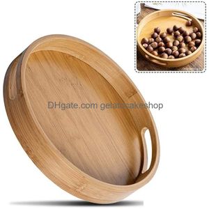 Breakfast Trays Bamboo Wood Party Serving Tray Natural Round Cut Out Handles Portable Banquet Raised Edge Dining Room Dessert Bread Dhp9B