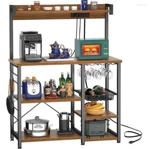 Portaoggetti da cucina Topfurny Bakers Rack con presa di corrente Supporto per microonde Ripiano Cestello in filo metallico Coffee Bar Station Noce