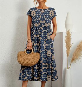 Elegante e moderno vestido de linho de algodão feminino em torno do pescoço impresso manga curta saia aline único floral longo 240320