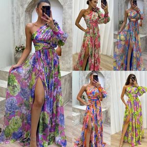 Casual Dresses Women One-Shoulder Rygglös zip Aftonklänning Spring Floral Print Hem Pleat Long Fall Skew Collar Split Chiffon Maxi