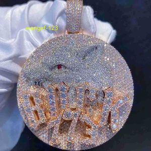 Ciondolo moissanite da uomo hip-hop personalizzato di lusso, pendente a disco grande con testa di lupo in oro 18 carati placcato in platino