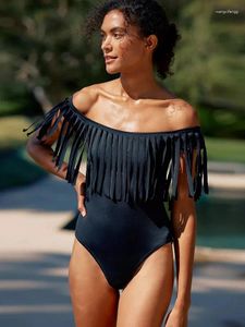 Women's Swimwear Fashion Solid Color Black Long Tassel One-line Shoulder Resort Dtyle Tight Sexy One-piece 2024 Summer Model