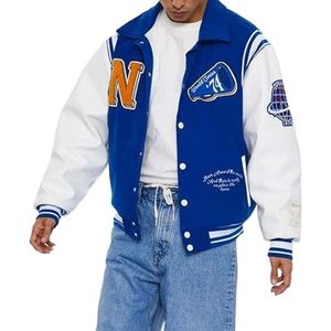 100% полиэстер, окрашенный в оболочку, длинный спандекс, мужская однотонная трикотажная универсальная спортивная мужская бейсбольная куртка Varisty Letterman с вышивкой 64