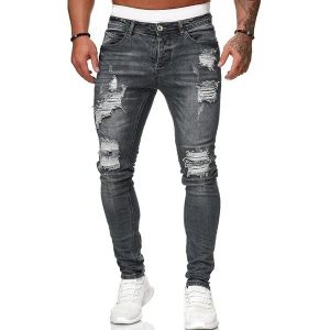 Biker jeans herrarnas nödställda stretch rippade cyklist jeans män hip hop slim fit hål punk jeans blixtlås ren färg denim byxor