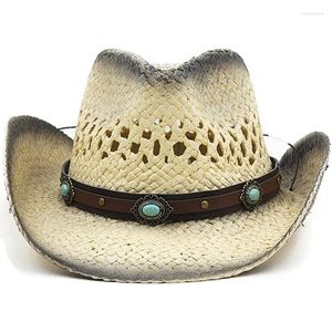 Berets Sun Knitting Hollow Hand Hat para homens e mulheres chapéus de verão personalizados Western Cowboy Straw Girl Beach