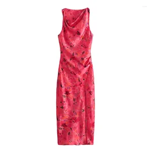 Casual Dresses YENKYE Sexy Women Twisted Round Neck Sleeveless Floral Print Satin Dress Side Gathers Slit Hem Female Summer Long