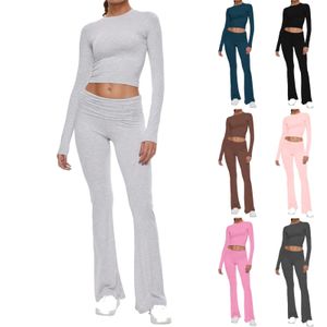 Fritid Womens Two-Piece Ultra-Thin Fiting Long Sleeved T-Shirt Crop Top Flare Pants Street Clothing Fashionable Y2K Womens Set 240315