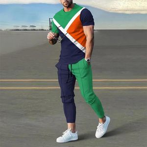 Men's Tracksuits Summer O Neck Harajuku Y2K Printing Tee Casual Fashion Pants Set Hombre Perspective Patchwork T-shirt Top Sporty Trousers