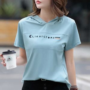 Cotton hooded t-shirt womens short sleeved white slim half sleeve hooded western-style shirt age reducing Korean summer T-shirt