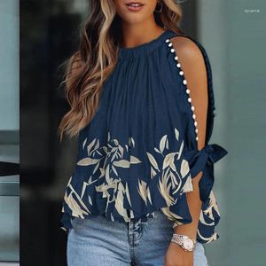 Kvinnor BLOUSES Blue Strapless Round Neck Fashion Topps Kvinnor Summer Printing Pleading Beading Elegant Streetwear 2024 Ladies Shirt Clothes