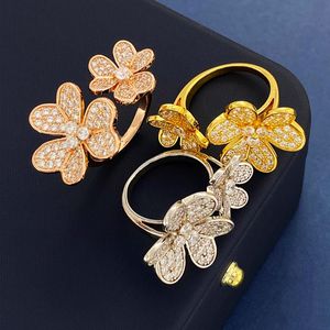 New Design Double Lucky Grass with Diamonds Open Ring Women's flower Full Diamonds Ring Wedding Ring Designer Jewelry R007