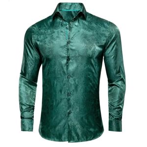 Camisa de seda de seda verde escura camisa de manga longa camisa casual para homens jacquard masculino festas de noiva de festas de noiva grife designer 240304