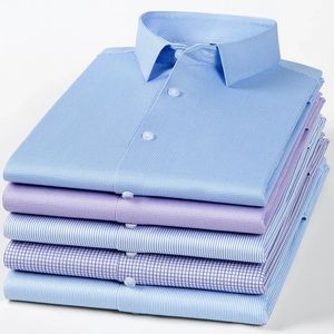 Stretch Anti-Wrinkle Mens Shirts Långärmad klänningskjortor Högkvalitativa män Slim Fit Social Business Blus randig skjorta 240312