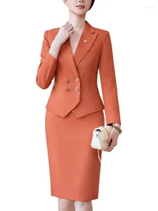 Two Piece Dress Women Formal Blazer Skirt Suit Ladies Black Pink Orange Long Sleeve Female Business Work Wear Set For Autumn Winter