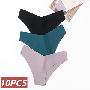 Women's Panties 10 Pieces Sexy Seamless Silk Female Underwear Elasticity Thongs Women Lingerie Secret Bikini V Design Briefs