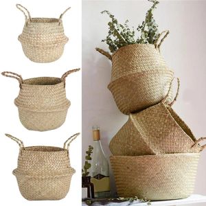 Cestas luanqi seagrass cesta de armazenamento cesta de vime trabalho rattan pendurado plantio vaso de flores lavanderia cesta mimbre cesta de piquenique