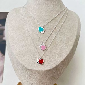 디자이너 Tiffay and Co Sterling Silver Double Heart 목걸이 여성 에나멜 블루 핑크 925 칼라 체인 발렌타인 데이 선물