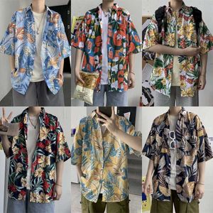 Short sleeved shirt mens summer Korean version trend loose Hawaiian ruffian handsome seaside flower shirt trend