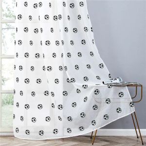 Cortinas transparentes bordadas para futebol, desenho animado, preto, para quarto, meninos, meninas, crianças, berçário, linho falso, voile, janela curta