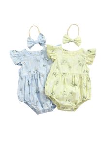 Baby-Overall mit Haaren, Kinder-Blumendruck, Rundhalsausschnitt, fliegende Ärmel, eng anliegender Anzug + Stirnband, Sommerblau/Gelb, 0–24 Monate alt, 240315