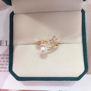Pierścienie klastra Zhboruini palcem wskazująca Pearl Pierścień Real Natural Slimwater 18K Gold Splating Women Jewelry Multilayer Hurtowa