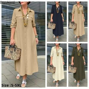 Casual Dresses 2024 Women's Elegant Long Dress Solid Oversized Button Polo Neck Sleeve Cotton Linen Single Breasted Robe 5XL