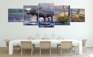 Arte della parete su tela Soggiorno astratto 5 pannelli animali lago paesaggio immagini decorazioni per la casa dipinti moderni stampati HD6327093