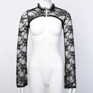 Women's T Shirts Women Vintage Flare Long Sleeve Stand Collar Floral Lace Shrug Sexy Sheer Black Cardigan Crop Top