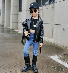 Flickor Tassel Pu Leather Jacket Autumn Kids Lapel Long Sleeve Zipper Casual Outwear Fashion Children Performance Clothes Q12445931899