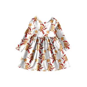 女の子のドレス膝の上に女の子のための長袖のクリスマスドレス丸いジンジャーブレッドネックラインの男性プリントミルクシルクファブリック女の子240315