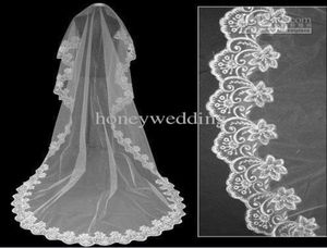 Longo até o chão renda frisada borda branca tule fino curto casamento voile longo véus de noiva N0019737612