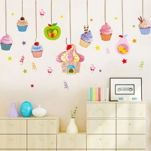 Adesivos de parede bolo dos desenhos animados doces crianças quarto adesivos decoração sobremesa loja decalques coloridos grande removível mural papel