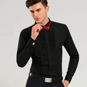 Camisas masculinas elegantes camisa formal festa de casamento elegante com gravata borboleta manga comprida lapela botão-up traje de padrinhos cor sólida