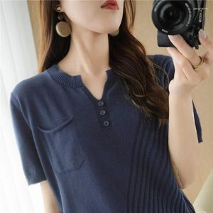 Women's T Shirts Summer Cotton Sweater Short Sleeve Solid Color V-Neck Ladies Tops Loose Blouse Basic Pullover Tees Pocket