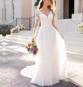 Bohemian Chiffon A Line Wedding Dresses Long Train Bridal Gowns Appliques Lace Sleeve White V Neck Boho Beach Bride Dress Vestidos De Novia Robes Mariage