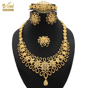 ANIID African Dubai Jewelry Gold Big Necklace Rings Set For Women Nigerian Bridal Wedding Party 24K Ethiopian Earrings Jewellery H232W