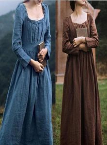 Lässige Kleider 2021 Damen Mittelalterliches viktorianisches Retro-Kleid Quadratischer Kragen Lange Ärmel Hohe Taille Französische Kleidung Braun Blau Temperame3132816