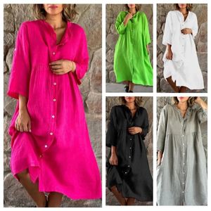 Casual klänningar 2024 Summer Linen Cotton Shirt Vintage Overized Solid Long Midi Dress Single Breated Loose V Neck Clothing