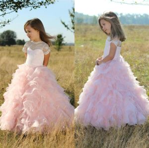 Blush Pink Lace Tulle Ball Gown Flower Girl Dresses For Wedding Birthday Pageant 2017 Kort ärm Cut Out Back Lace Up Ruffle EN74611260