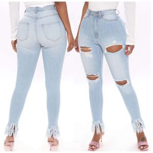 Jeans femininos elásticos de cintura alta e justos, borlas no tornozelo feminino, novo estilo