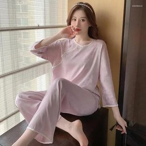 Women's Sleepwear Women Satin Pajamas Suit Spring Summer Button-down Sleep Intimate Lingerie O-Neck Nightsuits Long Sleeve Pyjamas