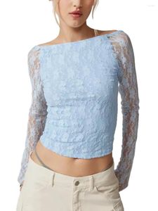 Women's T Shirts Women Fairycore Crop Tops Summer Backless Slim Fit Lace Jacquard Long Sleeve See Through Shirt