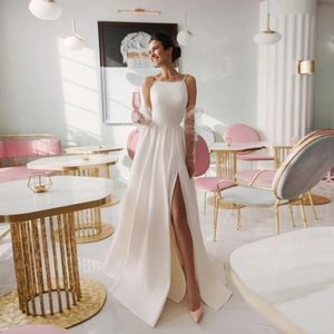 Spaghetti Straps Satin Wedding Dress For Women Boat Neck Simple A-Line Bridal Gown Slide Split Novia Do Vestidos Backless YD